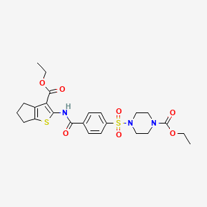molecular formula C24H29N3O7S2 B2397147 ethyl 4-((4-((3-(ethoxycarbonyl)-5,6-dihydro-4H-cyclopenta[b]thiophen-2-yl)carbamoyl)phenyl)sulfonyl)piperazine-1-carboxylate CAS No. 398998-79-3