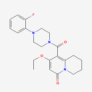 molecular formula C22H26FN3O3 B2397163 2-乙氧基-1-[{[4-(2-氟苯基)哌嗪基]羰基}-6,7,8,9-四氢-4H-喹诺利津-4-酮 CAS No. 1775320-06-3