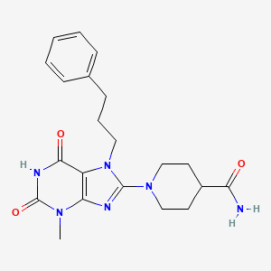 molecular formula C21H26N6O3 B2397220 1-(3-methyl-2,6-dioxo-7-(3-phenylpropyl)-2,3,6,7-tetrahydro-1H-purin-8-yl)piperidine-4-carboxamide CAS No. 442864-66-6
