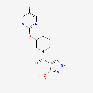 molecular formula C15H18FN5O3 B2397239 (3-((5-fluoropyrimidin-2-yl)oxy)piperidin-1-yl)(3-methoxy-1-methyl-1H-pyrazol-4-yl)methanone CAS No. 2097921-48-5