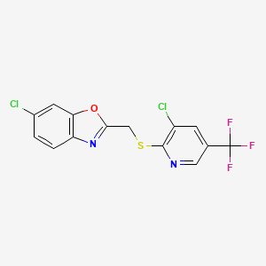 molecular formula C14H7Cl2F3N2OS B2397358 6-Chloro-2-({[3-chloro-5-(trifluoromethyl)-2-pyridinyl]sulfanyl}methyl)-1,3-benzoxazole CAS No. 2058452-70-1