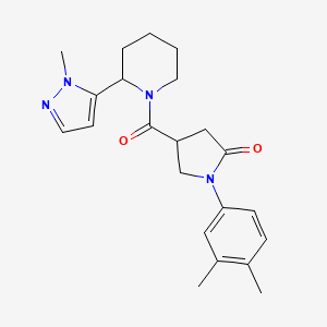 molecular formula C22H28N4O2 B2397442 1-(3,4-Dimethylphenyl)-4-[2-(2-methylpyrazol-3-yl)piperidine-1-carbonyl]pyrrolidin-2-one CAS No. 2309572-79-8