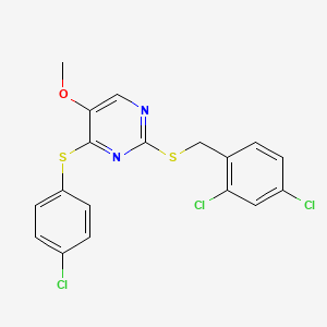 molecular formula C18H13Cl3N2OS2 B2397479 4-[(4-Chlorophenyl)sulfanyl]-2-[(2,4-dichlorobenzyl)sulfanyl]-5-pyrimidinyl methyl ether CAS No. 338955-51-4
