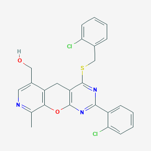 molecular formula C25H19Cl2N3O2S B2397510 (4-((2-chlorobenzyl)thio)-2-(2-chlorophenyl)-9-methyl-5H-pyrido[4',3':5,6]pyrano[2,3-d]pyrimidin-6-yl)methanol CAS No. 892279-40-2