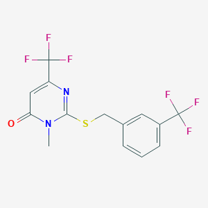 molecular formula C14H10F6N2OS B2397557 3-Methyl-6-(trifluoromethyl)-2-((3-(trifluoromethyl)benzyl)sulfanyl)-4(3H)-pyrimidinone CAS No. 339101-77-8