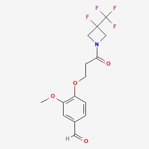 molecular formula C15H15F4NO4 B2397561 4-{3-[3-Fluoro-3-(trifluoromethyl)azetidin-1-yl]-3-oxopropoxy}-3-methoxybenzaldehyde CAS No. 2094486-61-8