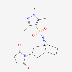 molecular formula C17H24N4O4S B2397571 1-((1R,5S)-8-((1,3,5-trimethyl-1H-pyrazol-4-yl)sulfonyl)-8-azabicyclo[3.2.1]octan-3-yl)pyrrolidine-2,5-dione CAS No. 1904074-82-3