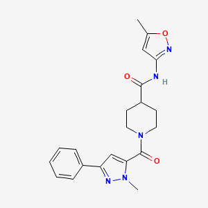 molecular formula C21H23N5O3 B2397600 1-(1-methyl-3-phenyl-1H-pyrazole-5-carbonyl)-N-(5-methylisoxazol-3-yl)piperidine-4-carboxamide CAS No. 1226438-48-7
