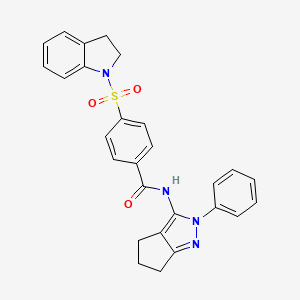 molecular formula C27H24N4O3S B2397607 4-(indolin-1-ylsulfonyl)-N-(2-phenyl-2,4,5,6-tetrahydrocyclopenta[c]pyrazol-3-yl)benzamide CAS No. 1210781-42-2