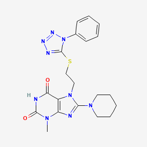 molecular formula C20H23N9O2S B2397728 3-methyl-7-(2-((1-phenyl-1H-tetrazol-5-yl)thio)ethyl)-8-(piperidin-1-yl)-1H-purine-2,6(3H,7H)-dione CAS No. 501352-26-7