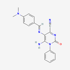 molecular formula C20H18N6O B2397729 5-(1-aza-2-(4-(dimethylamino)phenyl)vinyl)-4-imino-2-oxo-3-phenyl-1H-1,3-diazine-6-carbonitrile CAS No. 1159976-56-3