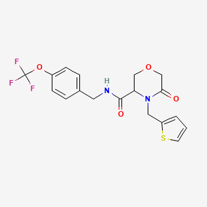 molecular formula C18H17F3N2O4S B2397755 5-oxo-4-(thiophen-2-ylmethyl)-N-(4-(trifluoromethoxy)benzyl)morpholine-3-carboxamide CAS No. 1421444-63-4