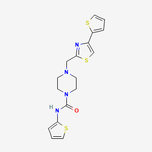 molecular formula C17H18N4OS3 B2397775 N-(thiophen-2-yl)-4-((4-(thiophen-2-yl)thiazol-2-yl)methyl)piperazine-1-carboxamide CAS No. 1105238-51-4