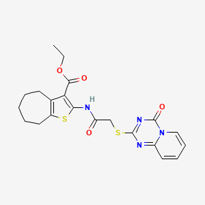 molecular formula C21H22N4O4S2 B2397857 2-(2-((4-氧代-4H-吡啶并[1,2-a][1,3,5]三嗪-2-基)硫代)乙酰胺)-5,6,7,8-四氢-4H-环庚并[b]噻吩-3-羧酸乙酯 CAS No. 896329-36-5