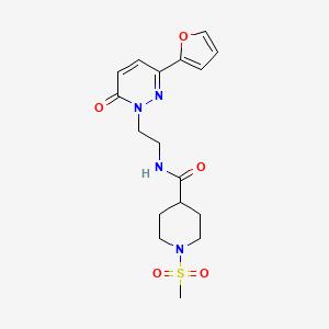 molecular formula C17H22N4O5S B2397859 N-(2-(3-(呋喃-2-基)-6-氧代嘧啶并[1,6-H]-1(6H)-基)乙基)-1-(甲磺酰基)哌啶-4-甲酰胺 CAS No. 1219907-18-2