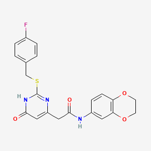 molecular formula C21H18FN3O4S B2397976 N-(2,3-dihydrobenzo[b][1,4]dioxin-6-yl)-2-(2-((4-fluorobenzyl)thio)-6-oxo-1,6-dihydropyrimidin-4-yl)acetamide CAS No. 1040645-16-6