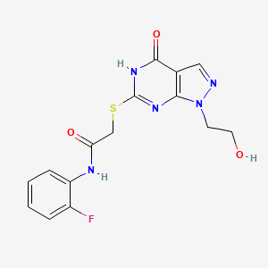molecular formula C15H14FN5O3S B2398182 N-(2-fluorophenyl)-2-((1-(2-hydroxyethyl)-4-oxo-4,5-dihydro-1H-pyrazolo[3,4-d]pyrimidin-6-yl)thio)acetamide CAS No. 946254-78-0