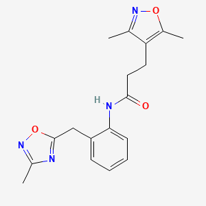 molecular formula C18H20N4O3 B2398277 3-(3,5-dimethylisoxazol-4-yl)-N-(2-((3-methyl-1,2,4-oxadiazol-5-yl)methyl)phenyl)propanamide CAS No. 1448029-57-9