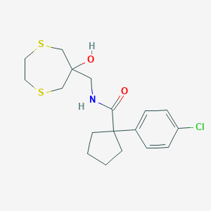 molecular formula C18H24ClNO2S2 B2398352 1-(4-Chlorophenyl)-N-[(6-hydroxy-1,4-dithiepan-6-yl)methyl]cyclopentane-1-carboxamide CAS No. 2415573-59-8