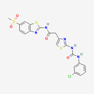 molecular formula C20H16ClN5O4S3 B2398363 2-(2-(3-(3-chlorophenyl)ureido)thiazol-4-yl)-N-(6-(methylsulfonyl)benzo[d]thiazol-2-yl)acetamide CAS No. 921475-51-6