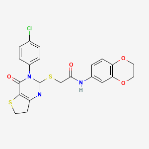 molecular formula C22H18ClN3O4S2 B2398369 2-[[3-(4-chlorophenyl)-4-oxo-6,7-dihydrothieno[3,2-d]pyrimidin-2-yl]sulfanyl]-N-(2,3-dihydro-1,4-benzodioxin-6-yl)acetamide CAS No. 687563-70-8