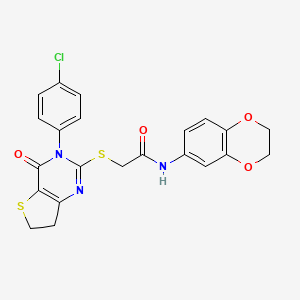 molecular formula C22H18ClN3O4S2 B2398369 2-{[3-(4-chlorophenyl)-4-oxo-3H,4H,6H,7H-thieno[3,2-d]pyrimidin-2-yl]sulfanyl}-N-(2,3-dihydro-1,4-benzodioxin-6-yl)acetamide CAS No. 687563-70-8