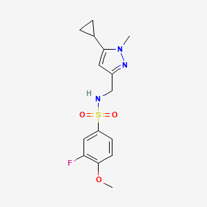 molecular formula C15H18FN3O3S B2398370 N-((5-cyclopropyl-1-methyl-1H-pyrazol-3-yl)methyl)-3-fluoro-4-methoxybenzenesulfonamide CAS No. 1448122-86-8