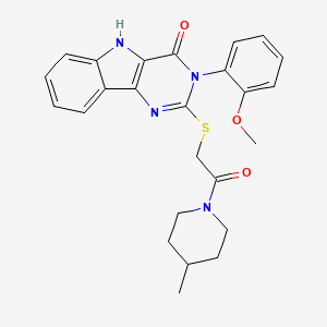 molecular formula C25H26N4O3S B2398420 3-(2-methoxyphenyl)-2-((2-(4-methylpiperidin-1-yl)-2-oxoethyl)thio)-3H-pyrimido[5,4-b]indol-4(5H)-one CAS No. 887215-30-7