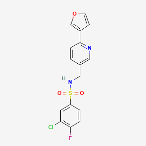 molecular formula C16H12ClFN2O3S B2398424 3-chloro-4-fluoro-N-((6-(furan-3-yl)pyridin-3-yl)methyl)benzenesulfonamide CAS No. 2034311-57-2