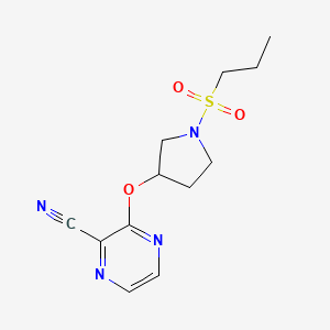 molecular formula C12H16N4O3S B2398433 3-((1-(Propylsulfonyl)pyrrolidin-3-yl)oxy)pyrazine-2-carbonitrile CAS No. 2034283-05-9