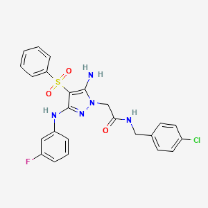 molecular formula C24H21ClFN5O3S B2398434 2-(5-amino-3-((3-fluorophenyl)amino)-4-(phenylsulfonyl)-1H-pyrazol-1-yl)-N-(4-chlorobenzyl)acetamide CAS No. 2034546-60-4
