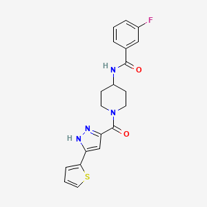molecular formula C20H19FN4O2S B2398467 3-氟-N-(1-(3-(噻吩-2-基)-1H-吡唑-5-羰基)哌啶-4-基)苯甲酰胺 CAS No. 1322790-85-1