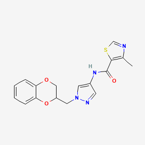 molecular formula C17H16N4O3S B2398488 N-(1-((2,3-dihydrobenzo[b][1,4]dioxin-2-yl)methyl)-1H-pyrazol-4-yl)-4-methylthiazole-5-carboxamide CAS No. 1705753-90-7