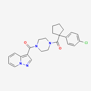 molecular formula C24H25ClN4O2 B2398513 (4-(1-(4-Chlorophenyl)cyclopentanecarbonyl)piperazin-1-yl)(pyrazolo[1,5-a]pyridin-3-yl)methanone CAS No. 1396709-59-3