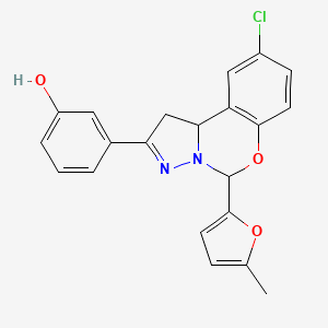 molecular formula C21H17ClN2O3 B2398571 3-(9-chloro-5-(5-methylfuran-2-yl)-5,10b-dihydro-1H-benzo[e]pyrazolo[1,5-c][1,3]oxazin-2-yl)phenol CAS No. 942002-17-7