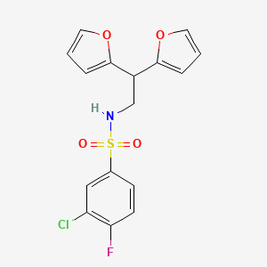 molecular formula C16H13ClFNO4S B2398609 3-氯-N-(2,2-二(呋喃-2-基)乙基)-4-氟苯磺酰胺 CAS No. 2210141-60-7