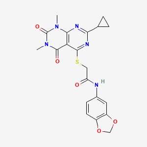 molecular formula C20H19N5O5S B2398628 N-(苯并[d][1,3]二氧杂环-5-基)-2-((2-环丙基-6,8-二甲基-5,7-二氧代-5,6,7,8-四氢嘧啶并[4,5-d]嘧啶-4-基)硫代)乙酰胺 CAS No. 863003-02-5