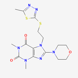molecular formula C16H21N7O3S2 B2398636 1,3-dimethyl-7-(2-((5-methyl-1,3,4-thiadiazol-2-yl)thio)ethyl)-8-morpholino-1H-purine-2,6(3H,7H)-dione CAS No. 685860-76-8