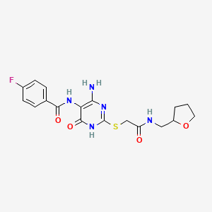 molecular formula C18H20FN5O4S B2398647 N-(4-amino-6-oxo-2-((2-oxo-2-(((tetrahydrofuran-2-yl)methyl)amino)ethyl)thio)-1,6-dihydropyrimidin-5-yl)-4-fluorobenzamide CAS No. 888418-00-6
