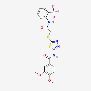 molecular formula C20H17F3N4O4S2 B2398651 3,4-dimethoxy-N-(5-((2-oxo-2-((2-(trifluoromethyl)phenyl)amino)ethyl)thio)-1,3,4-thiadiazol-2-yl)benzamide CAS No. 392297-20-0
