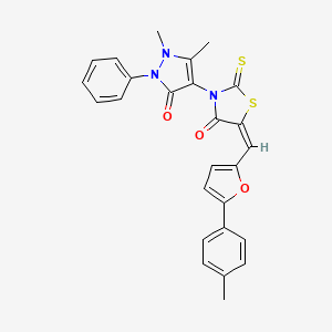 molecular formula C26H21N3O3S2 B2398686 (5E)-3-(1,5-dimethyl-3-oxo-2-phenylpyrazol-4-yl)-5-[[5-(4-methylphenyl)furan-2-yl]methylidene]-2-sulfanylidene-1,3-thiazolidin-4-one CAS No. 630090-21-0