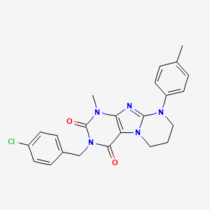 molecular formula C23H22ClN5O2 B2398690 3-[(4-chlorophenyl)methyl]-1-methyl-9-(4-methylphenyl)-7,8-dihydro-6H-purino[7,8-a]pyrimidine-2,4-dione CAS No. 843672-23-1