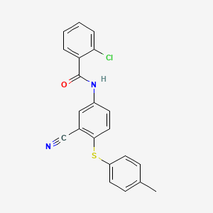 molecular formula C21H15ClN2OS B2398710 2-chloro-N-{3-cyano-4-[(4-methylphenyl)sulfanyl]phenyl}benzenecarboxamide CAS No. 306980-46-1