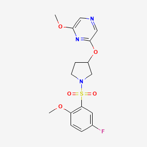 molecular formula C16H18FN3O5S B2398736 2-((1-((5-Fluoro-2-methoxyphenyl)sulfonyl)pyrrolidin-3-yl)oxy)-6-methoxypyrazine CAS No. 2034286-04-7