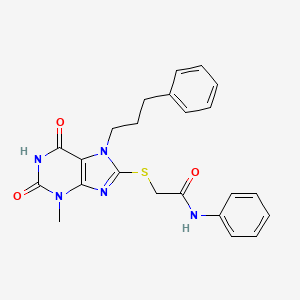 molecular formula C23H23N5O3S B2398758 2-{[3-methyl-2,6-dioxo-7-(3-phenylpropyl)-2,3,6,7-tetrahydro-1H-purin-8-yl]sulfanyl}-N-phenylacetamide CAS No. 326918-91-6