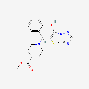 Ethyl 1-((6-hydroxy-2-methylthiazolo[3,2-b][1,2,4]triazol-5-yl)(phenyl)methyl)piperidine-4-carboxylate