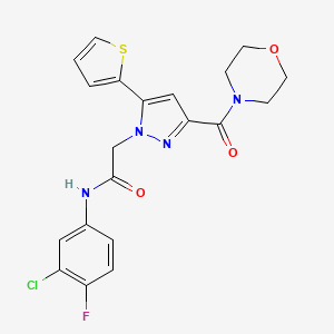 molecular formula C20H18ClFN4O3S B2398844 N-(3-氯-4-氟苯基)-2-(3-(吗啉-4-羰基)-5-(噻吩-2-基)-1H-吡唑-1-基)乙酰胺 CAS No. 1172540-29-2