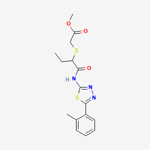 molecular formula C16H19N3O3S2 B2398851 Methyl 2-((1-oxo-1-((5-(o-tolyl)-1,3,4-thiadiazol-2-yl)amino)butan-2-yl)thio)acetate CAS No. 394237-71-9