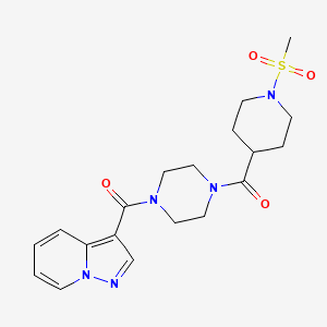 molecular formula C19H25N5O4S B2398864 (1-(Methylsulfonyl)piperidin-4-yl)(4-(pyrazolo[1,5-a]pyridine-3-carbonyl)piperazin-1-yl)methanone CAS No. 1396709-83-3