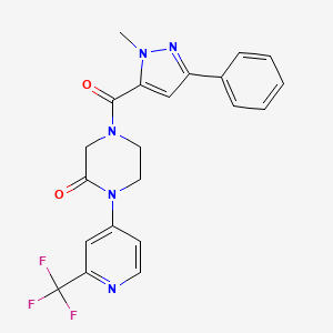 molecular formula C21H18F3N5O2 B2398952 4-(2-Methyl-5-phenylpyrazole-3-carbonyl)-1-[2-(trifluoromethyl)pyridin-4-yl]piperazin-2-one CAS No. 2380188-73-6